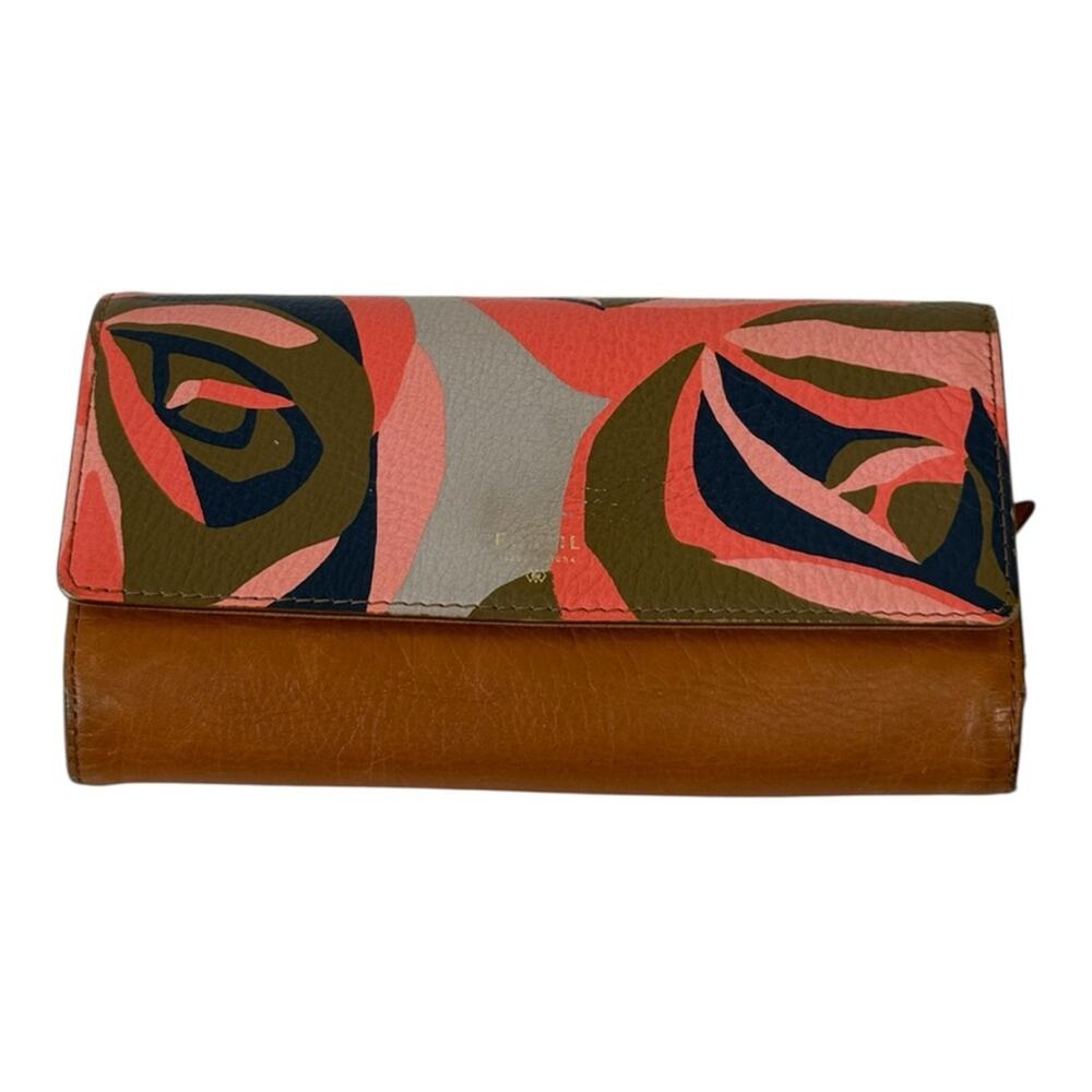 Fossil Tan Orange Leather Tri Fold Wallet Women’s Accessories Abstract Spring